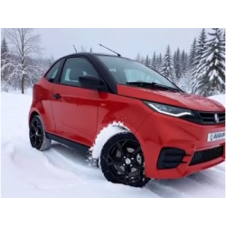 Ein kleines rotes Auto mit schwarzen Rädern und schwarzem Dach ist in einer verschneiten Landschaft geparkt, mit schneebedeckten Bäumen und bedecktem Himmel im Hintergrund. An den Hinterreifen klebt Schnee, was darauf hindeutet, dass das Auto gerade durch den Neuschnee gefahren ist.