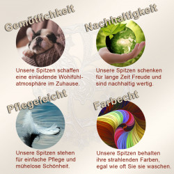 Vier runde Bilder mit Text: Oben links ein Hund auf der Couch ("Gemütlichkeit"), oben rechts Hände halten eine grüne Erdkugel ("Nachhaltigkeit"), unten links eine Feder auf Wasser ("Pflegeleicht"), unten rechts ein bunter Farbwirbel ("Farbecht").