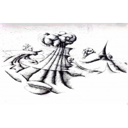 Abstrakte schwarze Tuschezeichnung einer surrealen Landschaft mit scharfen, geschwungenen Formen. In der Mitte befindet sich eine Pilzwolke, die an eine Explosion erinnert. Gekrümmte, sich überschneidende Linien erzeugen Bewegung, mit strukturierten Schattierungen. Kleinere Wolken und wellenartige Formen erscheinen im Hintergrund.