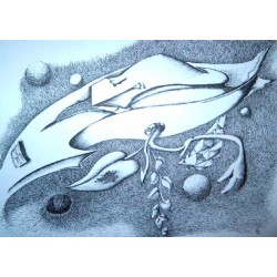 Surreale Schwarz-Weiß-Zeichnung mit abstrakten, fließenden Formen, einem geometrischen Gesicht, einem Fenster, Blättern und verstreuten Kugeln. Texturierte Schattierungen schaffen Tiefe, schwebende Formen und organische Linien suggerieren eine traumhafte, jenseitige Szene.