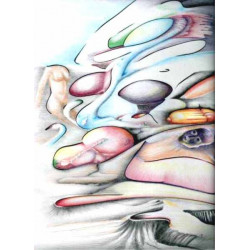 Abstraktes, surreales Kunstwerk mit fließenden, organischen Formen und Pastellfarben. Das Bild zeigt sich mit sich überschneidenden, abgerundeten Formen in Rosa, Blau, Grün, Orange und Weiß, die an verzerrte Gesichtszüge und Gliedmaßen erinnern und eine mehrdeutige, traumartige Szene schaffen.