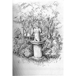 Eine Bleistiftskizze zeigt eine Torsostatue auf einem kannelierten Sockel, umgeben von dichten Büschen und Bäumen. Der Statue fehlen die Arme und der Kopf. Der natürliche Hintergrund besteht aus belaubten Ästen und einem Zaun, der durch das Laub kaum sichtbar ist.