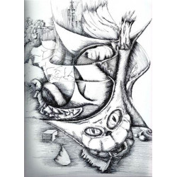 Abstrakte schwarz-weiße Tuschezeichnung mit surrealen, verzerrten Formen, fließenden Linien und organischen Formen. Sie enthält fragmentierte Gesichter, ein großes, starrendes Auge und Andeutungen von architektonischen Strukturen, die eine traumhafte, chaotische Komposition ergeben. Kreuzschraffuren sorgen für Tiefe und Textur.