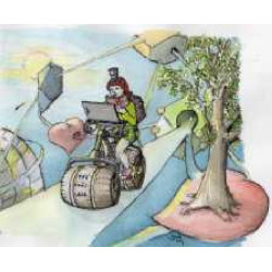 Eine Illustration für das Testprodukt zwanni zeigt eine Person mit Brille und rotem Hut, die einen Laptop bedient, während sie einen Roboter auf Rädern fährt. Im Hintergrund sind abstrakte Landschaften mit schwebenden Formen, eine kurvenreiche Straße, ein Baum und ein Globus zu sehen.