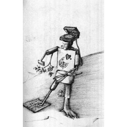 Das Testprodukt zwanni zeigt einen handgezeichneten Roboter mit einem kastenförmigen Körper, Herz- und Wirbelmotiven und einem rechteckigen Kopf, der einen Metalldetektor bedient. Ein Bein geht in eine mit dem Boden verbundene Wurzel über, während ein Arm vor einem minimalen Hintergrund Vögel freigi