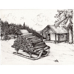 Schwarz-Weiß-Skizze einer verschneiten ländlichen Szene mit einem Holzschlitten, der im Vordergrund mit Brennholz aufgestapelt ist. Zwei Blockhütten stehen zwischen Bäumen im Hintergrund, unter einem bewölkten Himmel. Ein großer Baum ist teilweise auf der rechten Seite sichtbar.