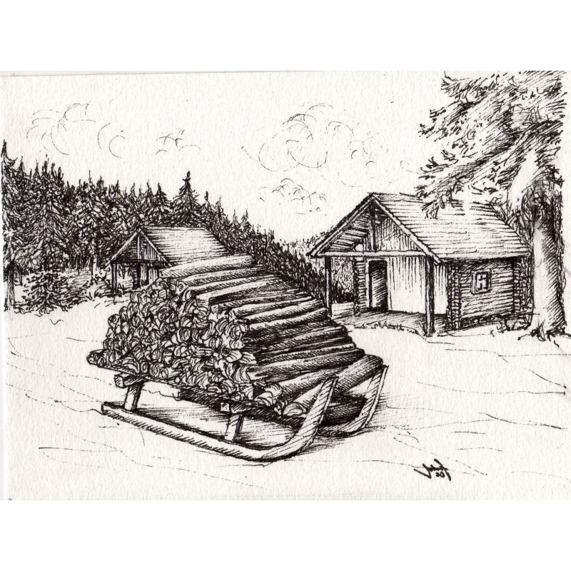 Schwarz-Weiß-Skizze einer verschneiten ländlichen Szene mit einem Holzschlitten, der im Vordergrund mit Brennholz aufgestapelt ist. Zwei Blockhütten stehen zwischen Bäumen im Hintergrund, unter einem bewölkten Himmel. Ein großer Baum ist teilweise auf der rechten Seite sichtbar.