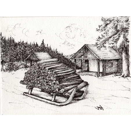 Schwarz-Weiß-Skizze einer verschneiten ländlichen Szene mit einem Holzschlitten, der im Vordergrund mit Brennholz aufgestapelt ist. Zwei Blockhütten stehen zwischen Bäumen im Hintergrund, unter einem bewölkten Himmel. Ein großer Baum ist teilweise auf der rechten Seite sichtbar.