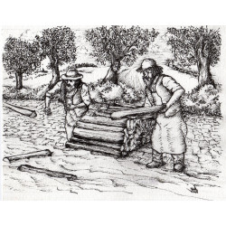 Eine Zeichnung von Männern, die Baumstämme tragen.