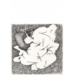 Schwarz-Weiß-Zeichnung von zwei Kaninchen, die auf der Seite im Gras liegen, wobei sich ihre Körper überlappen. Ein Kaninchen hält eine große Karotte in der Hand. Feine Linien stellen die Struktur des Fells und des Grases dar, wobei Schattierungen für Tiefe und Weichheit in der Gesamtkomposition sorgen.