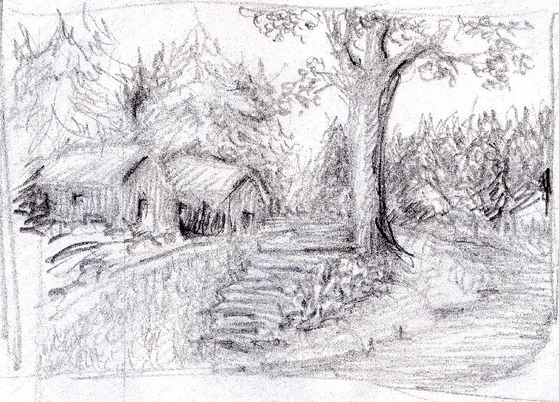 Eine Bleistiftskizze zeigt zwei kleine Hütten inmitten dichter Bäume, mit einem großen Baum im Vordergrund. Ein Weg mit Stufen führt zu den Hütten, die von Laub und einer Lichtung auf der rechten Seite umgeben sind. Die Szene hat eine rustikale, ruhige Atmosphäre.